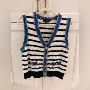 Laundry By Shelli Segal Black & White Striped Vest with Blue denim Edging